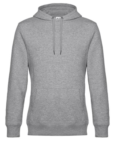 ein grauer  Hoodie, Kapuzenpulli ist von vorne dargestellt. Vorne befindet sich auf Bauchhöhe eine Tasche